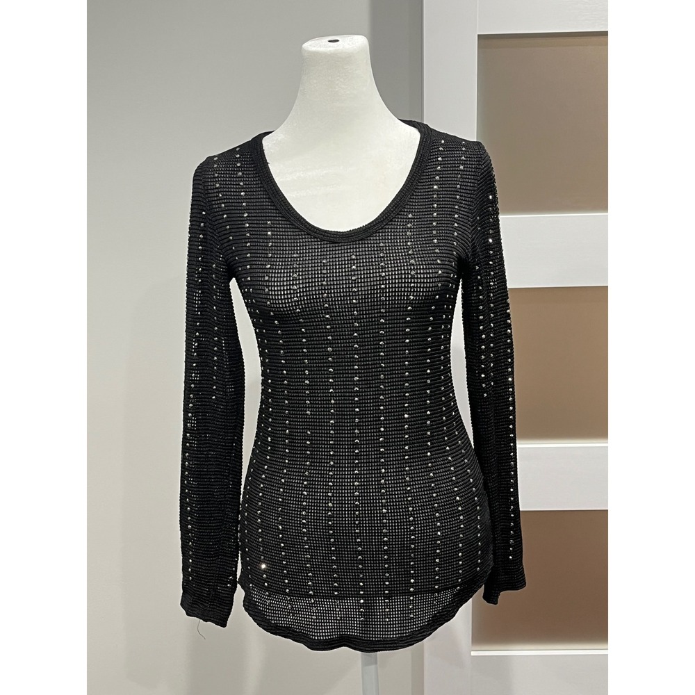 Vocal Womens Black Rhinestone Embellished Mesh Long Sleeve Top Small 13473L
